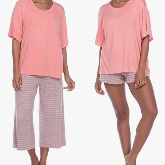 New w Tag Jersey 3 Piece Pajama Set - Pink Stripe Shirt Palazzo Pants Shorts - Picture 1 of 10